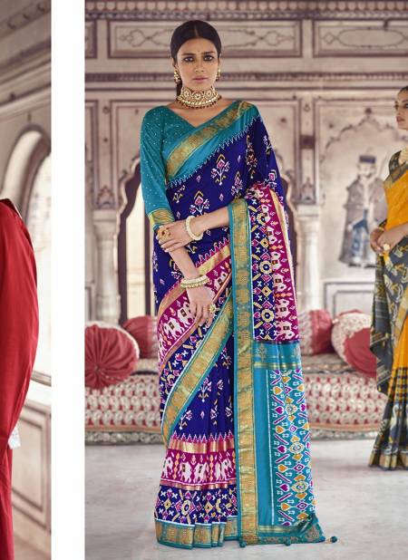 Blue Colour BK Rewaa Patola Silk Wedding Wear Hand Printed With Heavy Jacquard Border and swarovski work Saree Collection 114